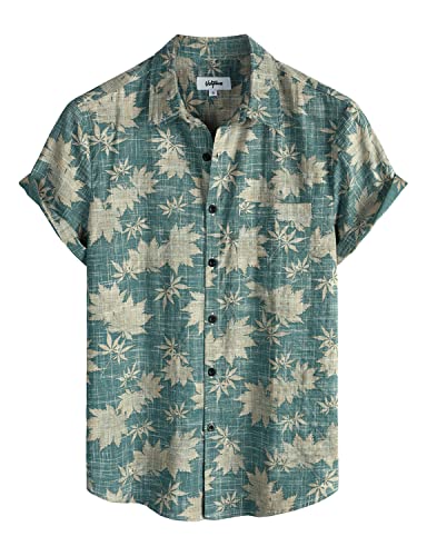VATPAVE Herren Front Pocket HawaiiHemden Freizeithemden Blumen Kurzarm Knopfleiste Tropische Strandhemden Mittel Hellblaue Blätter von VATPAVE