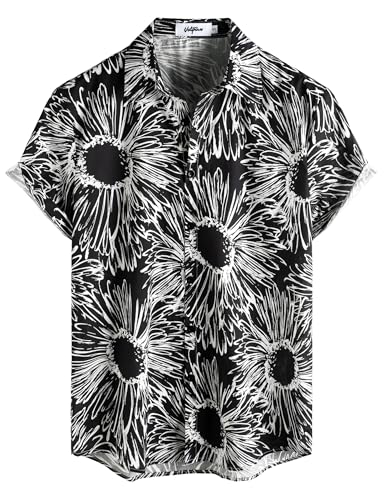 VATPAVE Herren Baumwolle Hawaii Hemd Männer Blumen Freizeit Kurzarmhemd Sommerhemd Festival Hemd X-Large Schwarz Grau von VATPAVE