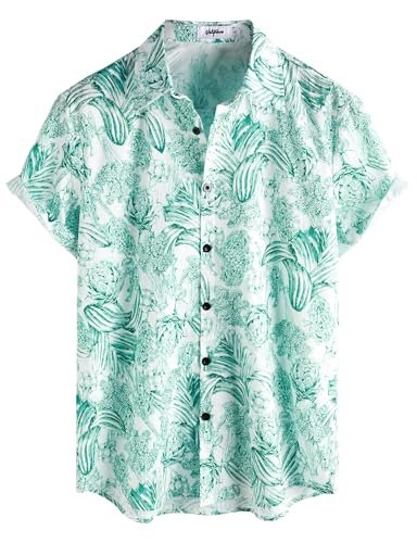 VATPAVE Herren Baumwolle Hawaii Hemd Männer Blumen Freizeit Kurzarmhemd Sommerhemd Festival Hemd X-Large WeißGrün von VATPAVE