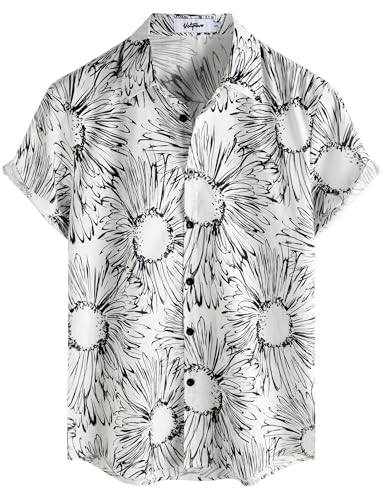 VATPAVE Herren Baumwolle Hawaii Hemd Männer Blumen Freizeit Kurzarmhemd Sommerhemd Floral Mittel Schwarz Weiß von VATPAVE