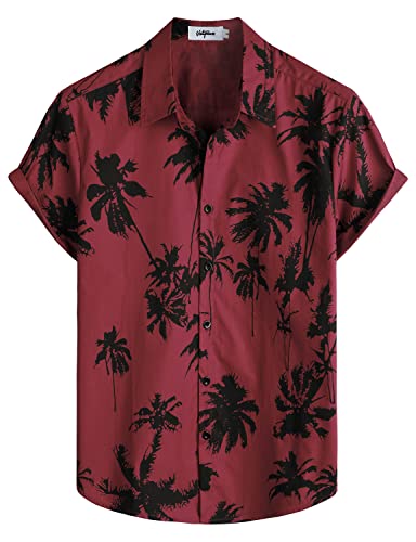 VATPAVE Herren Baumwolle Hawaii Hemd Männer Blumen Freizeit Kurzarmhemd Sommerhemd Hawaiihemd XX-Large Weinrot Kokosbaum von VATPAVE