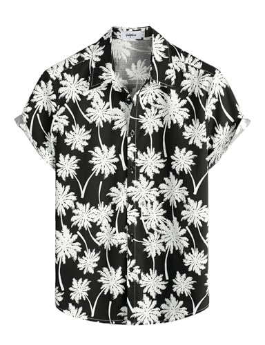 VATPAVE Herren Baumwolle Hawaii Hemd Männer Blumen Freizeit Kurzarmhemd Sommerhemd Regular Fit 3X-Large Schwarz Kokosbaum von VATPAVE