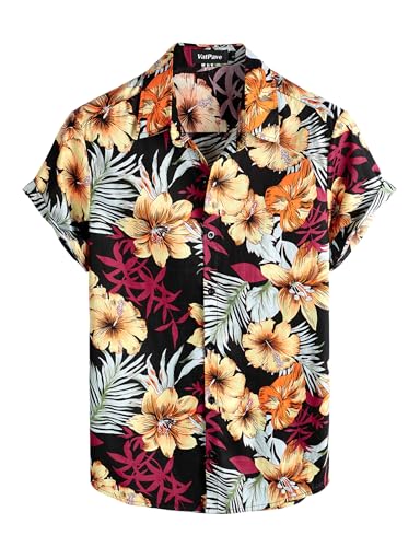 VATPAVE Herren Baumwolle Hawaii Hemd Männer Blumen Freizeit Kurzarmhemd Sommerhemd Regular Fit 3X-Large Schwarz von VATPAVE