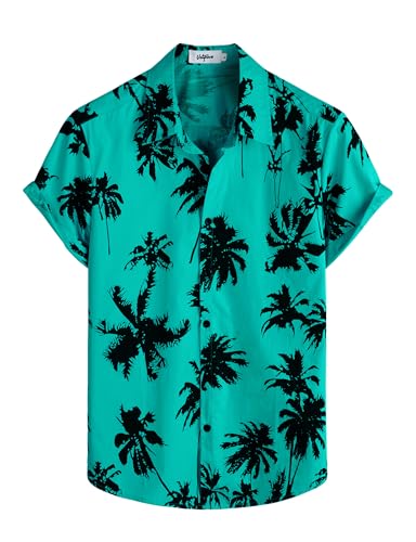 VATPAVE Herren Baumwolle Hawaii Hemd Männer Blumen Freizeit Kurzarmhemd Sommerhemd Strandhemd Klein AquaBlue Kokosbaum von VATPAVE