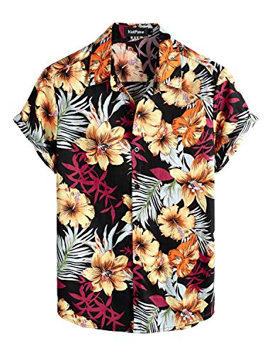 VATPAVE Herren Baumwolle Hawaii Hemd Männer Blumen Freizeit Kurzarmhemd Sommerhemd Urlaub Hemden Groß Schwarz von VATPAVE
