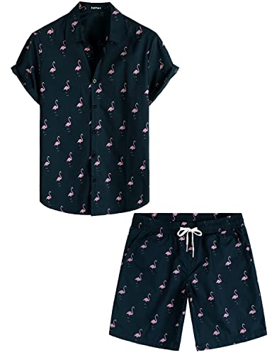 VATPAVE Herren Baumwolle Hawaii Hemd Sommer Outfit Männer Freizeit Kurzarmhemd Strandhemd und kurze Hosen 2 Teiler Set Floral Hemd 3X-Large Marine Flamingo von VATPAVE