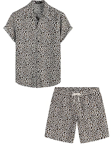 VATPAVE Herren Baumwolle Hawaii Hemd Sommer Outfit Männer Freizeit Kurzarmhemd Strandhemd und Kurze Hosen 2 Teiler Set Floral Hemd 3X-Large Weiß Leopard von VATPAVE
