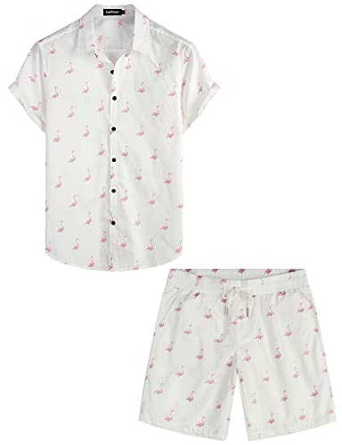 VATPAVE Herren Baumwolle Hawaii Hemd Sommer Outfit Männer Freizeit Kurzarmhemd Strandhemd und kurze Hosen 2 Teiler Set hawaii outfit Groß Weiß Flamingo von VATPAVE