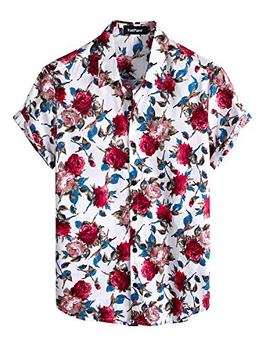 VATPAVE Herren Baumwolle Hawaii Hemd männer Blumen Freizeit Kurzarmhemd Sommerhemd Hawaiihemd XX-Large Weiß Rose von VATPAVE