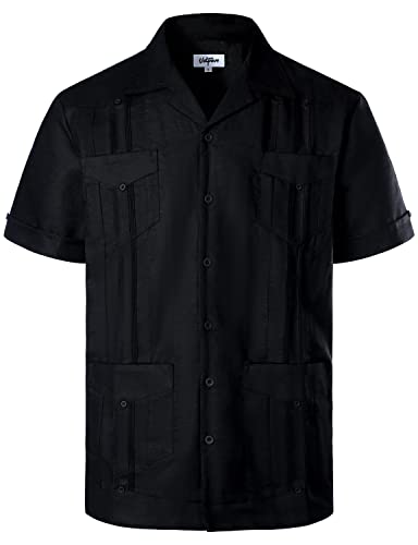 VATPAVE Herren Baumwolle Leinen SommerHemd Männer Freizeit Kurzarmhemd Guayabera Hemd Club XX-Large Schwarz von VATPAVE