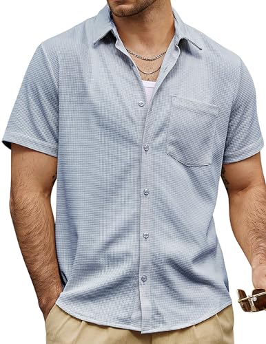 VATPAVE Herren Casual Waffelhemden Kurzarm Knopfleiste Sommerhemden Lockere Passform Strandhemden Groß Hell Grau von VATPAVE