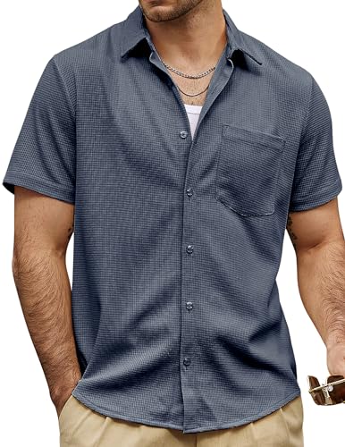 VATPAVE Herren Casual Waffelhemden Kurzarm Knopfleiste Sommerhemden Lockere Passform Strandhemden Groß Marineblau von VATPAVE