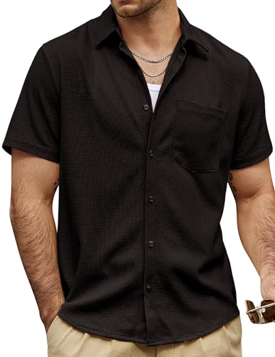 VATPAVE Herren Casual Waffelhemden Kurzarm Knopfleiste Sommerhemden Lockere Passform Strandhemden Mittel Schwarz von VATPAVE