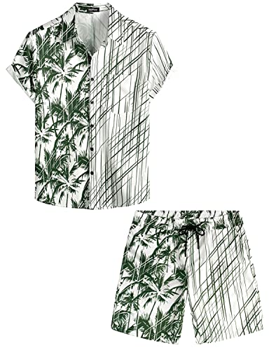 VATPAVE Herren Flamingo Hawaii 2 Teiliges Sets Kurzarm Freizeithemden Strand Outfits 3X-Large Grün Kokosnuss von VATPAVE