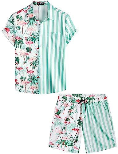 VATPAVE Herren Flamingo Hawaii 2 Teiliges Sets Kurzarm Freizeithemden Strand Outfits 3X-Large Kokosnuss Flamingo von VATPAVE