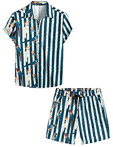VATPAVE Herren Flamingo Hawaii 2 Teiliges Sets Kurzarm Freizeithemden Strand Outfits 3X-Large Marineblau Papagei von VATPAVE