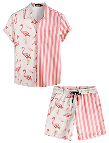 VATPAVE Herren Flamingo Hawaii 2 Teiliges Sets Kurzarm Freizeithemden Strand Outfits 3X-Large Rosa Flamingo von VATPAVE