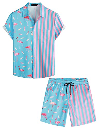 VATPAVE Herren Flamingo Hawaii 2 Teiliges Sets Kurzarm Freizeithemden Strand Outfits Groß Blau Flamingo von VATPAVE