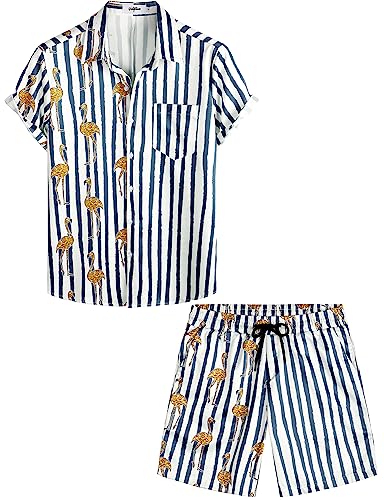 VATPAVE Herren Flamingo Hawaii 2 Teiliges Sets Kurzarm Freizeithemden Strand Outfits Groß Marineblau von VATPAVE