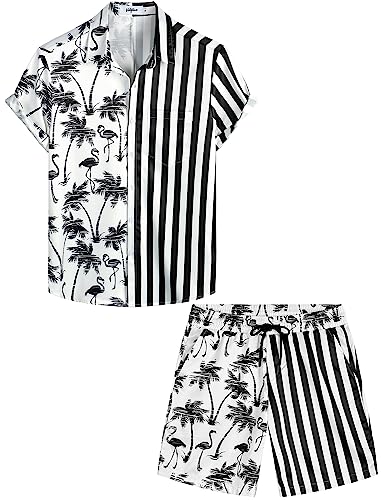 VATPAVE Herren Flamingo Hawaii 2 Teiliges Sets Kurzarm Freizeithemden Strand Outfits Groß Schwarz von VATPAVE