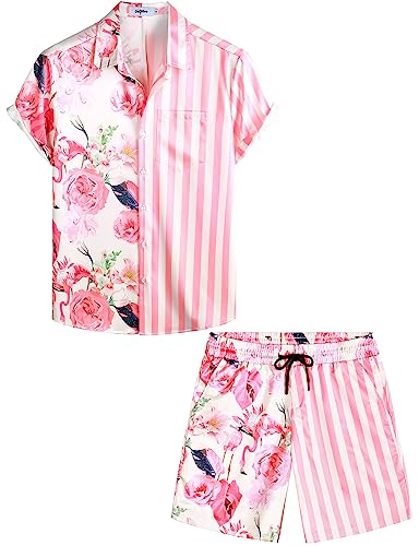 VATPAVE Herren Flamingo Hawaii 2 Teiliges Sets Kurzarm Freizeithemden Strand Outfits X-Large Blume Flamingo von VATPAVE