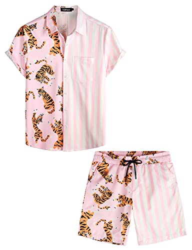 VATPAVE Herren Flamingo Hawaii 2 Teiliges Sets Kurzarm Freizeithemden Strand Outfits X-Large Rosa Tiger von VATPAVE