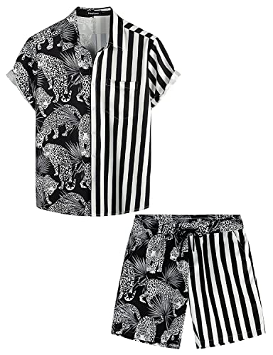 VATPAVE Herren Flamingo Hawaii 2 Teiliges Sets Kurzarm Freizeithemden Strand Outfits XX-Large Schwarz Leopard von VATPAVE