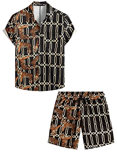 VATPAVE Herren Flamingo Hawaii 2 Teiliges Sets Kurzarm Freizeithemden Strand Outfits XX-Large Schwarz Tiger von VATPAVE