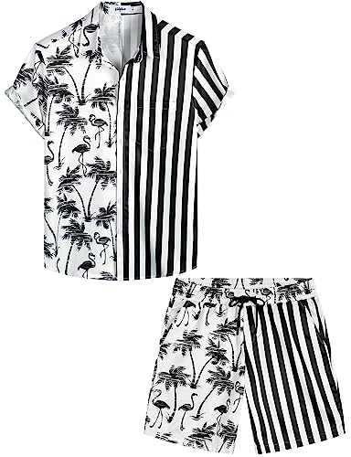 VATPAVE Herren Flamingo Hawaii 2 Teiliges Sets Kurzarm Freizeithemden Strand Outfits XX-Large Schwarz von VATPAVE