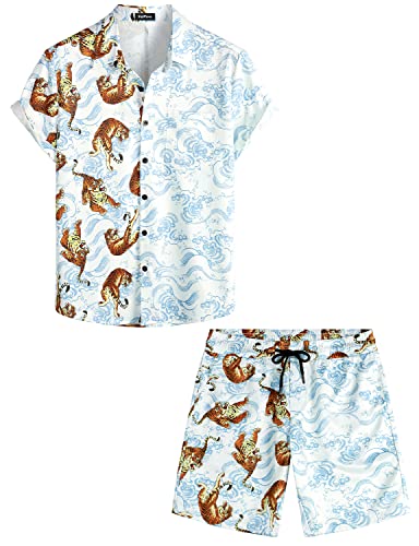 VATPAVE Herren Flamingo Hawaii 2 Teiliges Sets Kurzarm Freizeithemden Strand Outfits XX-Large Weißer Tiger von VATPAVE