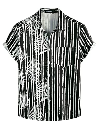 VATPAVE Herren Flamingo Hawaii Hemd Männer Freizeit Kurzarmhemd Sommer Strandhemd Blumen Hemden Klein Schwarzes Palmenblatt von VATPAVE