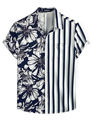 VATPAVE Herren Flamingo Hawaii Hemd Männer Freizeit Kurzarmhemd Sommer Strandhemd Regular Fit 3X-Large Marineblume von VATPAVE