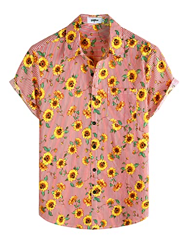 VATPAVE Herren Floral HawaiiHemden Casual Knopfleiste Kurzarm Aloha Strand Shirts XX-Large Rot Sonnenblume Sommer von VATPAVE