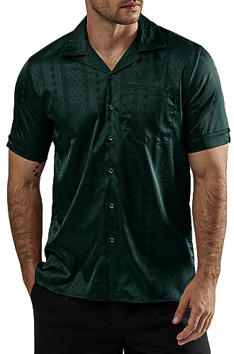 VATPAVE Herren Freizeit Blumen Jacquard Sommerhemd Männer Kurzarm Hawaiihemden Strandhemd Mittel Schwarz Grün von VATPAVE