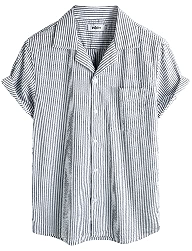 VATPAVE Herren Gestreifte Sommerhemd Casual Button Down Kurzarm Strand HawaiiHemd 3X-Large Marineblau von VATPAVE