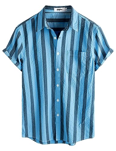 VATPAVE Herren Gestreifte Sommerhemd Casual Button Down Kurzarm Strand HawaiiHemd Groß AquaBlau Schwarz Normale Passform von VATPAVE