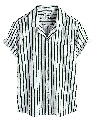 VATPAVE Herren Gestreifte Sommerhemd Casual Button Down Kurzarm Strand HawaiiHemd Groß GrünWeiß Normale Passform von VATPAVE