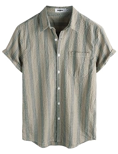 VATPAVE Herren Gestreifte Sommerhemd Casual Button Down Kurzarm Strand HawaiiHemd Groß Khaki Braun Normale Passform von VATPAVE