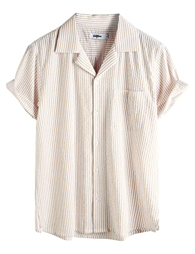 VATPAVE Herren Gestreifte Sommerhemd Casual Button Down Kurzarm Strand HawaiiHemd Groß Khaki Normale Passform von VATPAVE