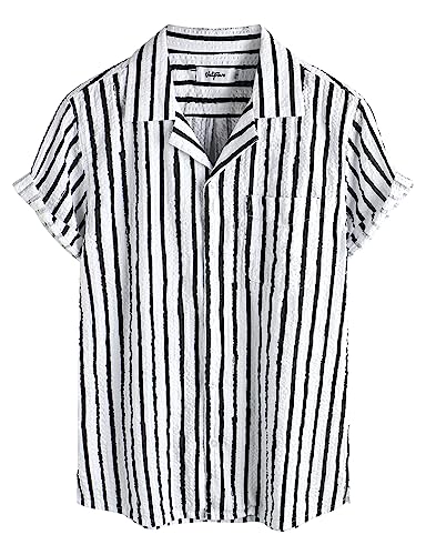 VATPAVE Herren Gestreifte Sommerhemd Casual Button Down Kurzarm Strand HawaiiHemd Groß SchwarzWeiß Normale Passform von VATPAVE
