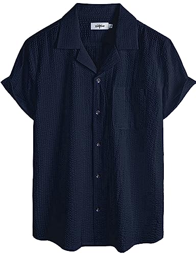 VATPAVE Herren Gestreifte Sommerhemd Casual Button Down Kurzarm Strand HawaiiHemd X-Large Reines Marine Vertikal Gestreift von VATPAVE