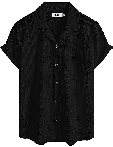 VATPAVE Herren Gestreifte Sommerhemd Casual Button Down Kurzarm Strand HawaiiHemd X-Large Reines Schwarz Vertikal Gestreift von VATPAVE