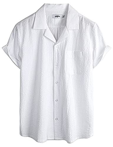 VATPAVE Herren Gestreifte Sommerhemd Casual Button Down Kurzarm Strand HawaiiHemd X-Large Weiß Vertikal Gestreift von VATPAVE