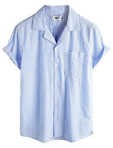 VATPAVE Herren Gestreifte Sommerhemd Casual Button Down Kurzarm Strand HawaiiHemd XX-Large Hellblau Knopfleiste von VATPAVE