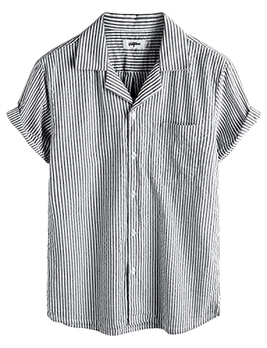 VATPAVE Herren Gestreifte Sommerhemd Casual Button Down Kurzarm Strand HawaiiHemd XX-Large Schwarz Knopfleiste von VATPAVE