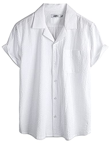 VATPAVE Herren Gestreifte Sommerhemd Casual Button Down Kurzarm Strand HawaiiHemd XX-Large Weiß Knopfleiste von VATPAVE