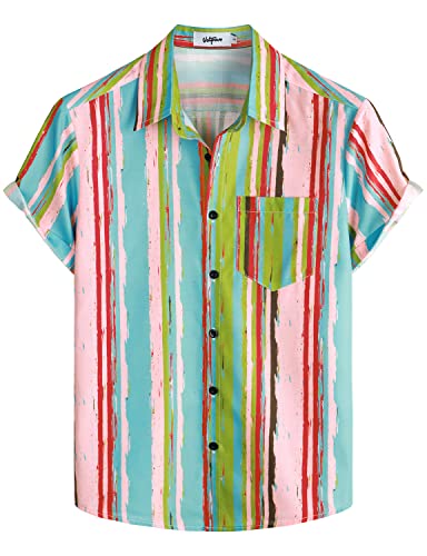 VATPAVE Herren Gestreifte Sommerhemden Casual Kurzarm Knopfleiste Strand Stilvolle Freizeithemden 3X-Large Grün von VATPAVE
