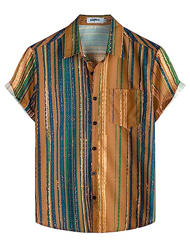 VATPAVE Herren Gestreifte Sommerhemden Casual Kurzarm Knopfleiste Strand Stilvolle Freizeithemden Groß Gelb von VATPAVE