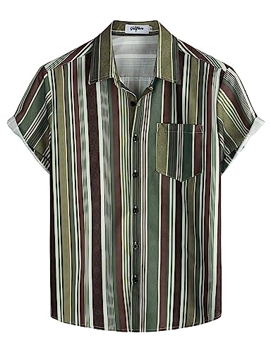 VATPAVE Herren Gestreifte Sommerhemden Casual Kurzarm Knopfleiste Strand Stilvolle Freizeithemden Klein BraunGrün von VATPAVE