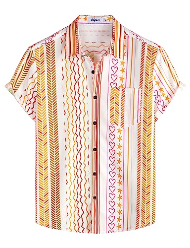 VATPAVE Herren Gestreifte Sommerhemden Casual Kurzarm Knopfleiste Strand Stilvolle Freizeithemden Mittel Hellgelb Vertikal Gestreift von VATPAVE